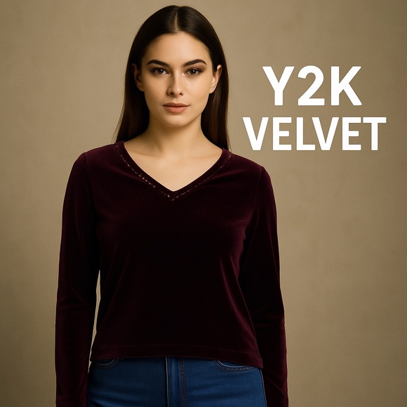 NAPA VALLEY Petites Burgundy Velvet Beaded V-Neck Top 90s Y2K Vintage PM - Picture 1 of 11